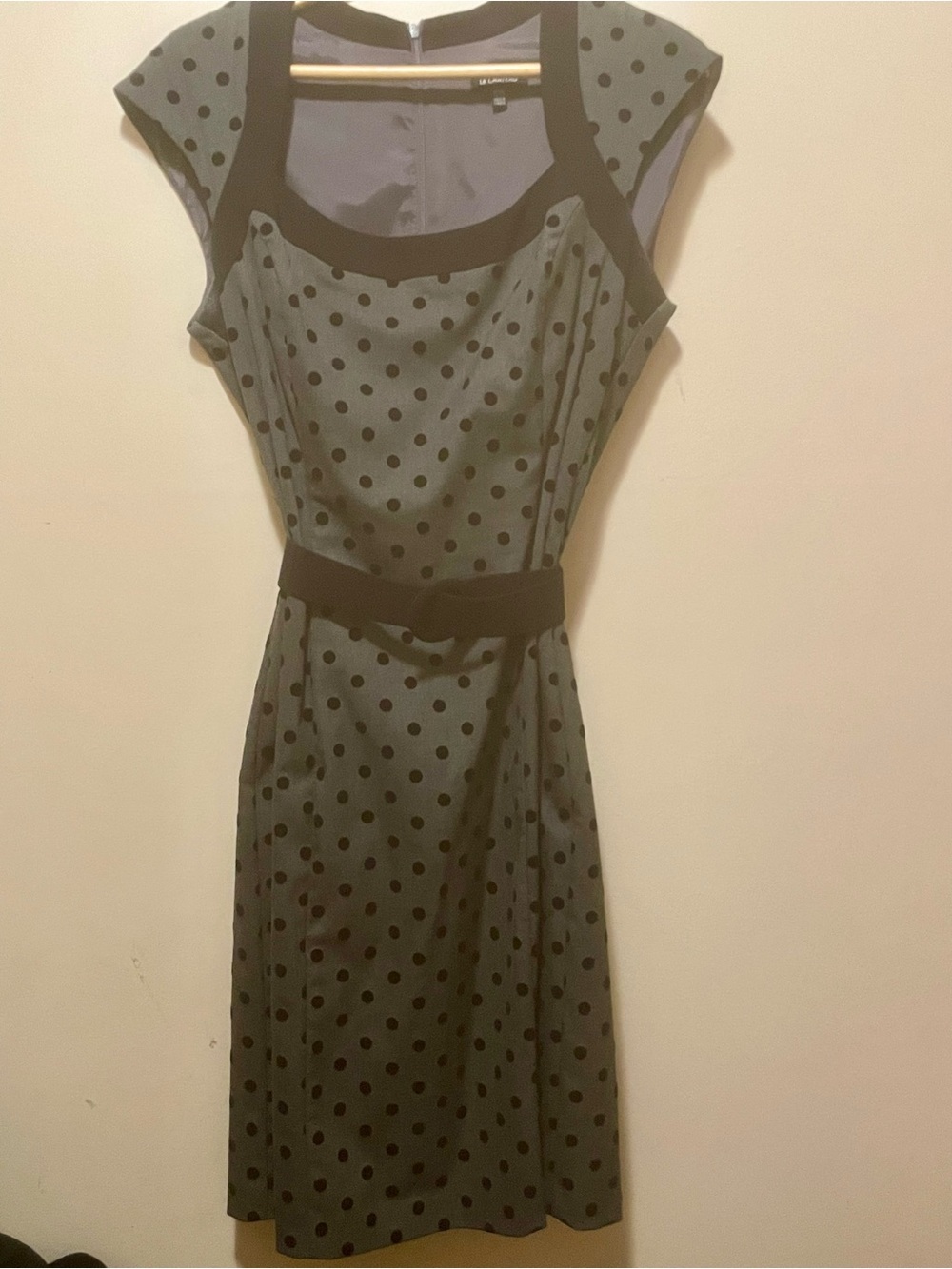 VTG “Le Chateau” Charcoal Gray Black Polka Dot Belted Sheath Dress XL Made in CA